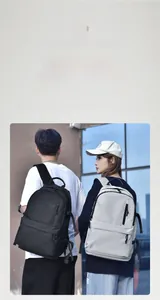 Detail of water-resistant large capacity backpack in black and grey for travel and students