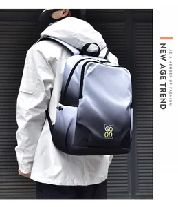 Rear view of a stylish gradient backpack with Good Luck text on white hoodie model