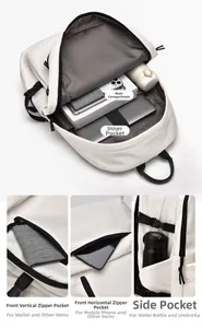 Detail of laptop compartment and internal storage pockets of the beige backpack