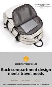 Detail of the front large zipper pocket and iPad compartment in a white backpack