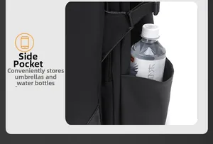 Close-up of the elastic side pocket on a black nylon backpack holding a water bottle