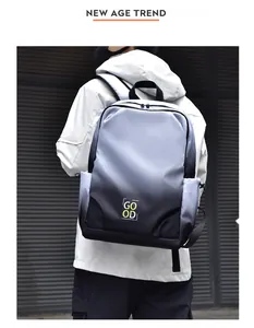Detail of the blue-black gradient backpack showing side pockets and its urban sports style