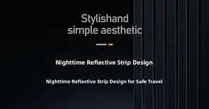Detailed close-up of safety reflective strip design on black water-resistant backpack