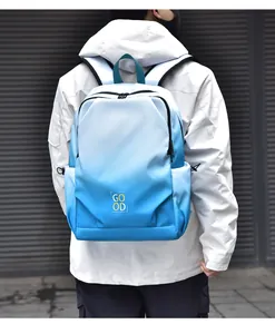 Outdoor view of a blue and white gradient backpack featuring a modern causal style