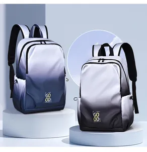 Detail of gradient blue and white backpack with ergonomic straps and side pocket
