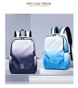 Detail view of gradient nylon backpacks in blue and purple with side mesh pockets