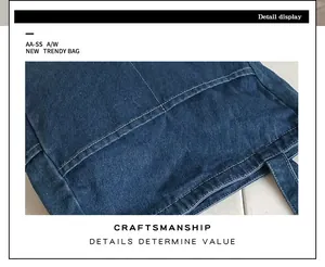 Dettaglio delle cuciture bianche a contrasto su borsa tote in denim blu scuro