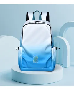 Close-up of a blue and white gradient backpack featuring a minimalist GO OD print design