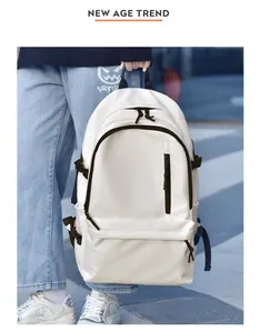 Detail view of large white waterproof backpack featuring side buckle and multi-zipper compartments
