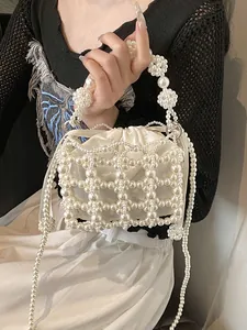 Élégant Sac à Bandoulière Tissé en Künstliche Perles Fait à la Main pour Femmes Sac à Cordon en Satin pour Mariage Soirée