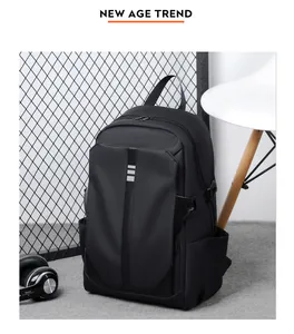 Detail shot of black waterproof casual backpack with decorative stripes and side pocket