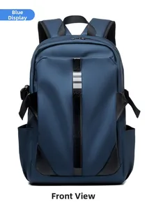 Front view of a blue casual backpack with reflective stripes and reinforced corners