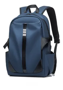 Detail of the dark blue casual backpack showing durable fabric and side pocket macro view