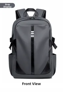 Front view of a grey casual laptop backpack with vertical black straps and side pockets