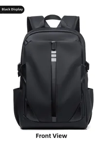 Front view of black casual backpack with vertical trim and reflective safety strips
