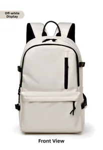Front detail of an off-white water-resistant backpack with black zippers and utility pockets