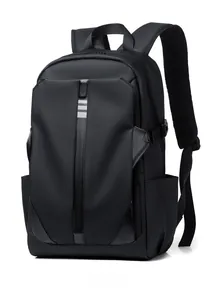 Side view of black water-resistant laptop backpack with stylish leather vertical accents