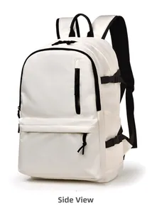 Side view of a white minimalist waterproof backpack with black contrast details and buckles