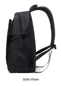 Detailed side view of black backpack with mesh straps and side compression buckles