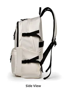 Side view of large capacity waterproof backpack showing buckles and side pockets