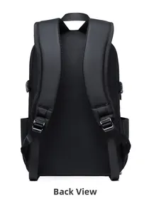 Rear view of black backpack featuring S-shaped padded straps and ergonomic back design