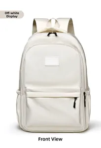 Vue de face d'un sac à dos minimaliste blanc crème avec poche zippée et poches latérales pratiques