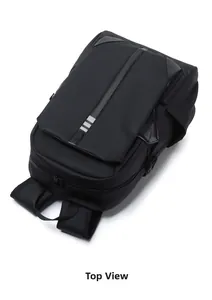 Top view of a black business laptop backpack showing handle and dual metal zippers