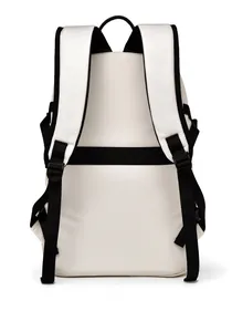 Rear view of water-resistant backpack with wide shoulder straps and luggage trolley strap