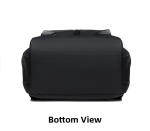 Detailed bottom view of black nylon backpack featuring durable leather trim and texture