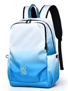 Blue and white gradient backpack with large capacity and mesh straps on white background