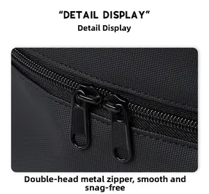 Close-up of smooth dual metal zippers with matte black coating on casual backpack