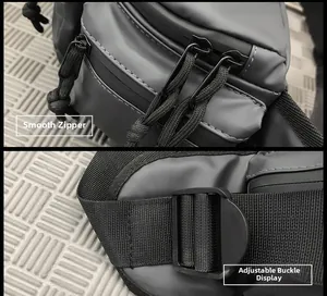 Detail of smooth metal zippers and durable adjustable buckle on the nylon crossbody bag