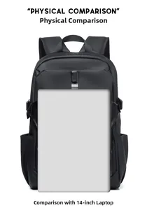 Size comparison of the black casual backpack next to a 14-inch laptop computer