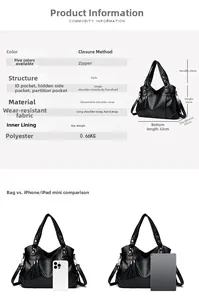 Detailed size specifications of the black tote bag with interior compartment layout