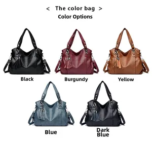 Multiple color options of large tote bags with tassel details and textured PU leather