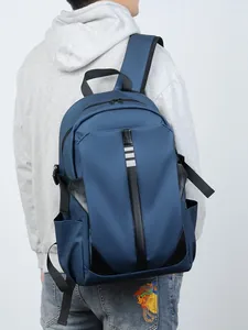 Dark blue casual backpack with silver reflective strips and waterproof fabric material