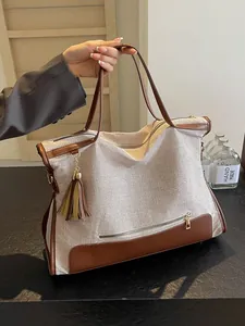Women Large Capacity Canvas Patchwork Tote Bag Vintage Tassel Handbag Commuter Shoulder Crossbody Bag With Adjustable Strap