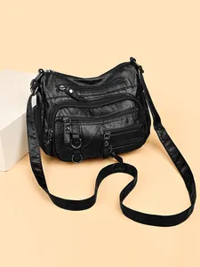 Grand sac cabas noir en cuir PU avec poches zippées et bandoulière réglable tendance
