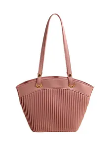 Large dusty rose tote bag with pleated design and golden ring shoulder strap