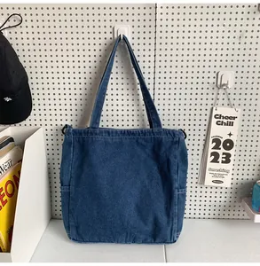 Dettaglio della borsa tote in denim blu con tasche laterali e spallacci sulla parete