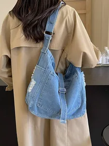 Vintage Denim Large Capacity Tote Bag For Women Retro Japanese Street Style Crossbody Shoulder Bag With Multi Pockets