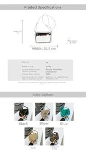 Detailed size parameters and metallic chain strap design for the women's shoulder bag