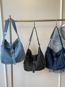 Retro denim tote bag set in light blue, dark blue, and grey with adjustable straps