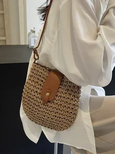 Sac à Bandoulière en Paille Tissée pour Femmes Avec Rabat en Cuir et Bandoulière Réglable pour Vacances à la Plage Mode Quotidien