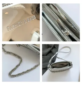 Detailed views of silver metallic crossbody bag with chain strap and embossed logo