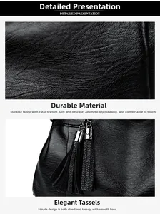 Close-up of durable litchi grain leather texture and stylish tassel charm on black tote bag