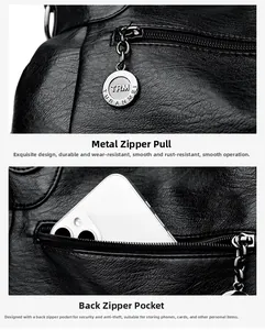 Detail of lychee pattern leather bag showing branded metal zipper and anti-theft back pocket