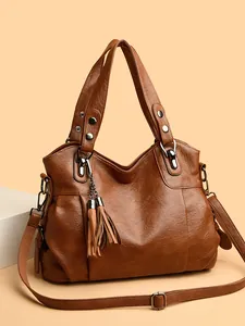 Women Vintage PU Leather Tote Bag Large Capacity Litchi Grain Shoulder Bag With Tassels Rivets For Work Daily Fashion