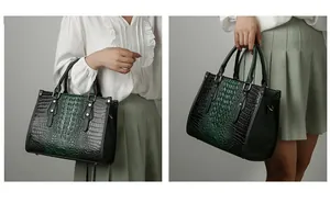 Dettaglio borsa tote verde scuro stampa coccodrillo con rivetti e manici resistenti