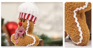 Detail of plush gingerbread man ornament with chef hat and festive candy buttons